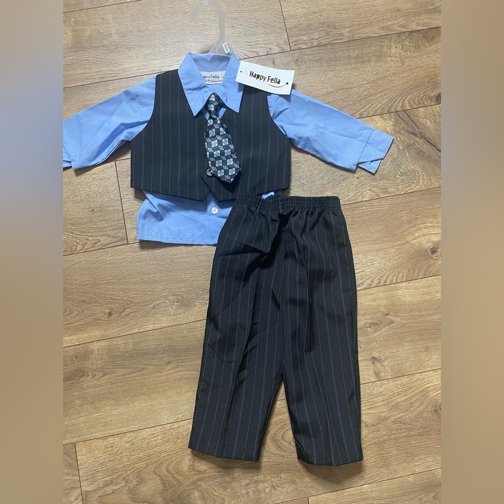 👔 Baby Boy 12M Dressy Set – Blue Shirt, Striped Pants & Tie